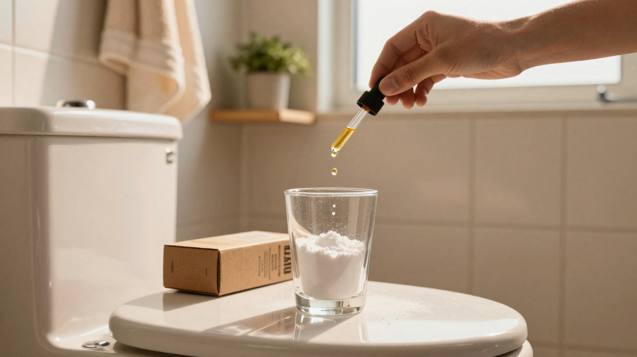 Hand tropft flüssiges Öl aus Pipette in Glas mit weißem Pulver auf WC-Spülkasten im Badezimmer.