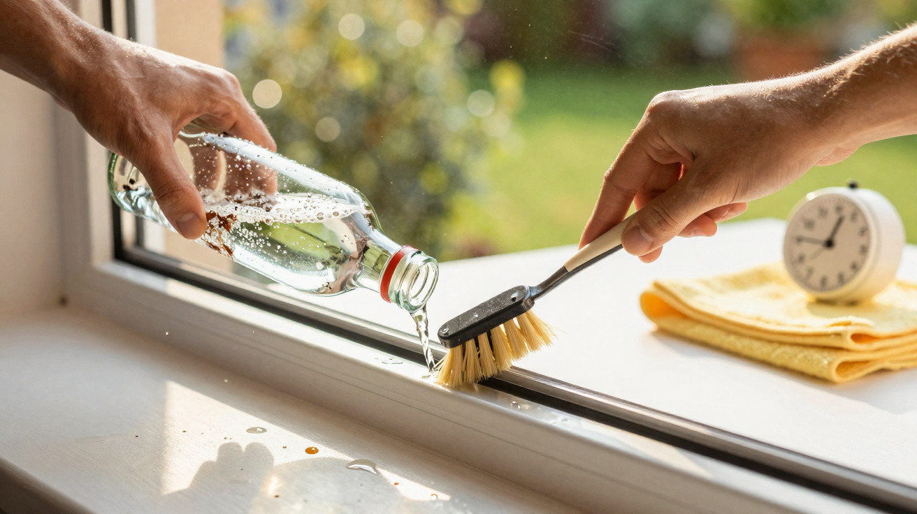 Person gießt Wasser aus einer Flasche auf ein Fensterprofil und reinigt es mit einer Bürste.