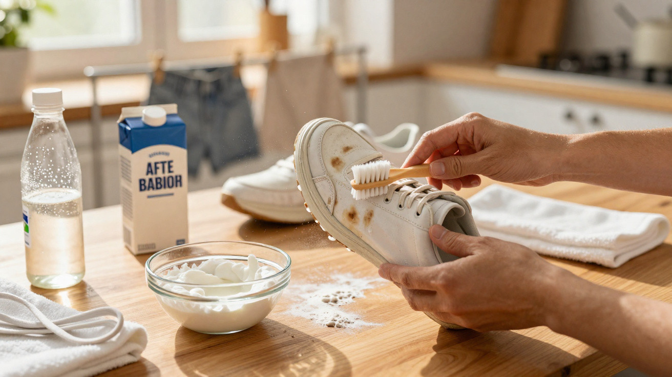Person reinigt weiße Sneaker mit Zahnbürste, Schüssel mit Reinigungsmittel und Wasserflasche auf Holztisch.