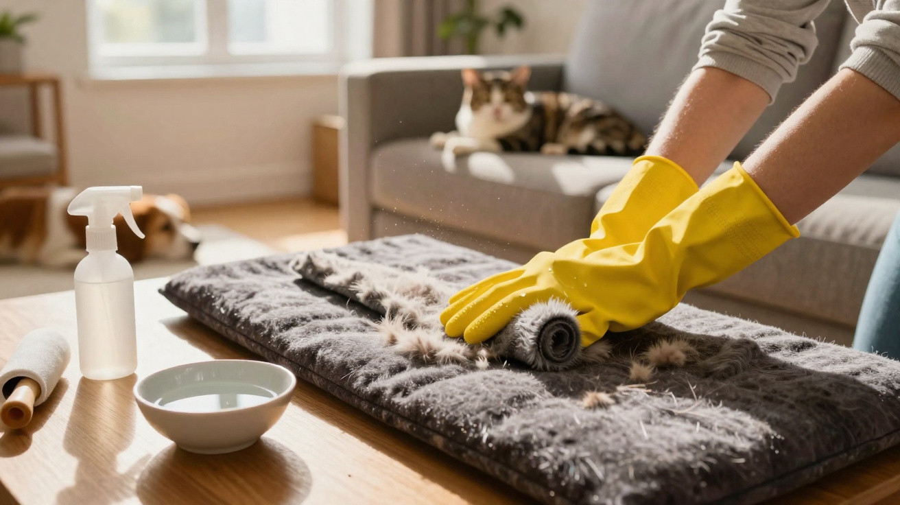 Person mit gelben Handschuhen entfernt Tierhaare von einer grauen Decke mit einer Bürste am Tisch.