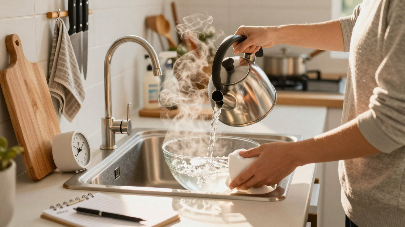 Person gießt heißes Wasser aus einem Wasserkessel in eine Glasschüssel in der Küchenspüle.