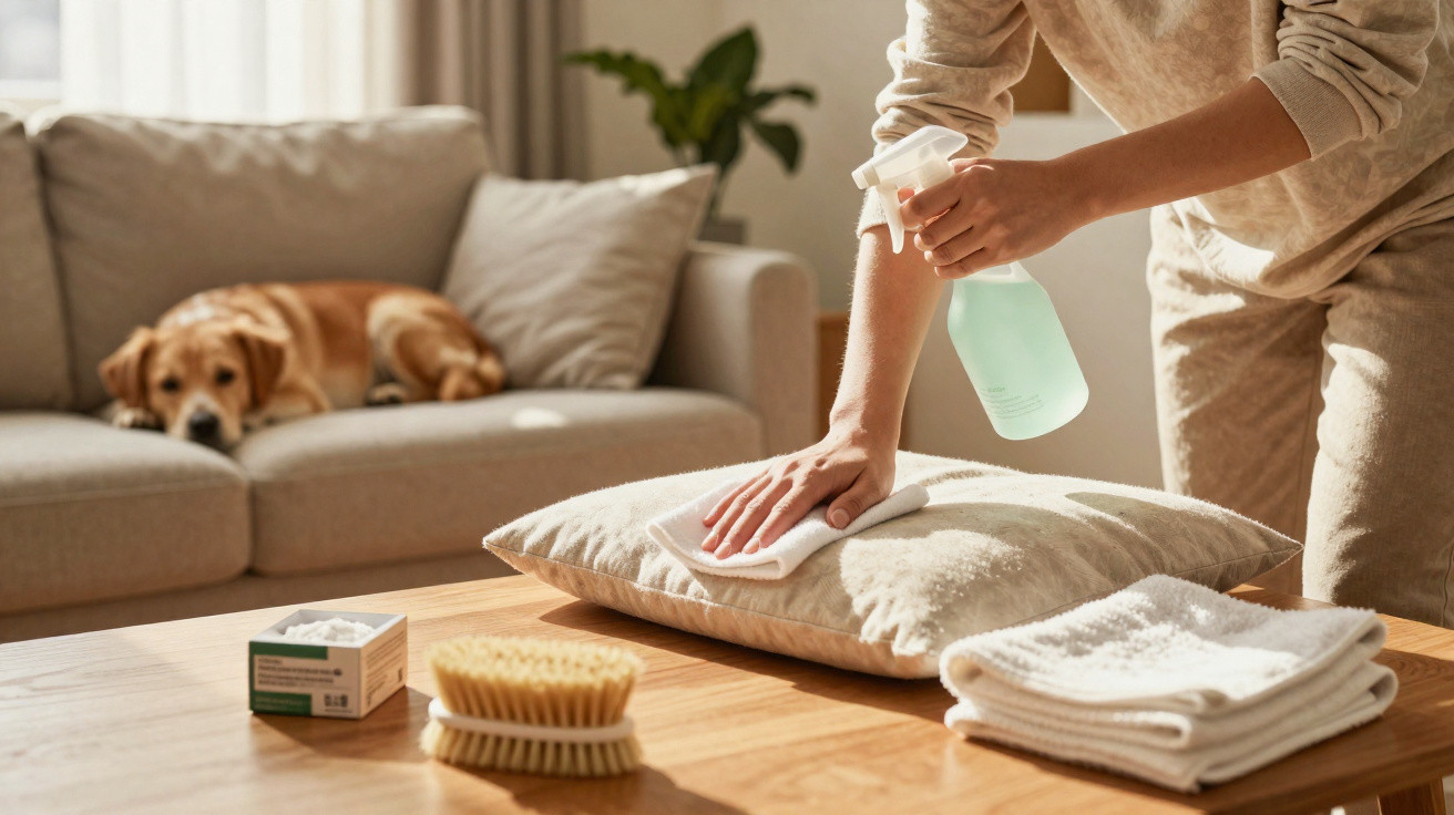 Person reinigt Kissen mit Sprühflasche und Tuch, Hund liegt auf Sofa im Hintergrund im Wohnzimmer.