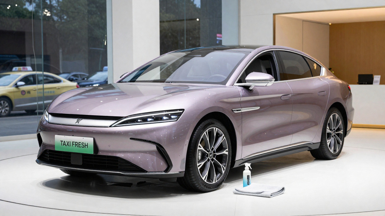 Modernes Elektroauto in Metallic-Lila mit TAXI-FRESH-Kennzeichen und Desinfektionsmittel im Ausstellungsraum.