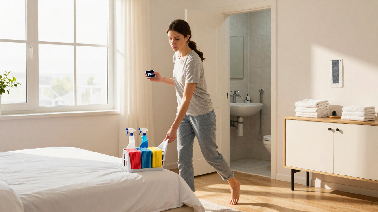 Frau mit Putzmitteln und Timer im Schlafzimmer beim Putzen neben aufgeschlagenem Bett und Badzimmer.