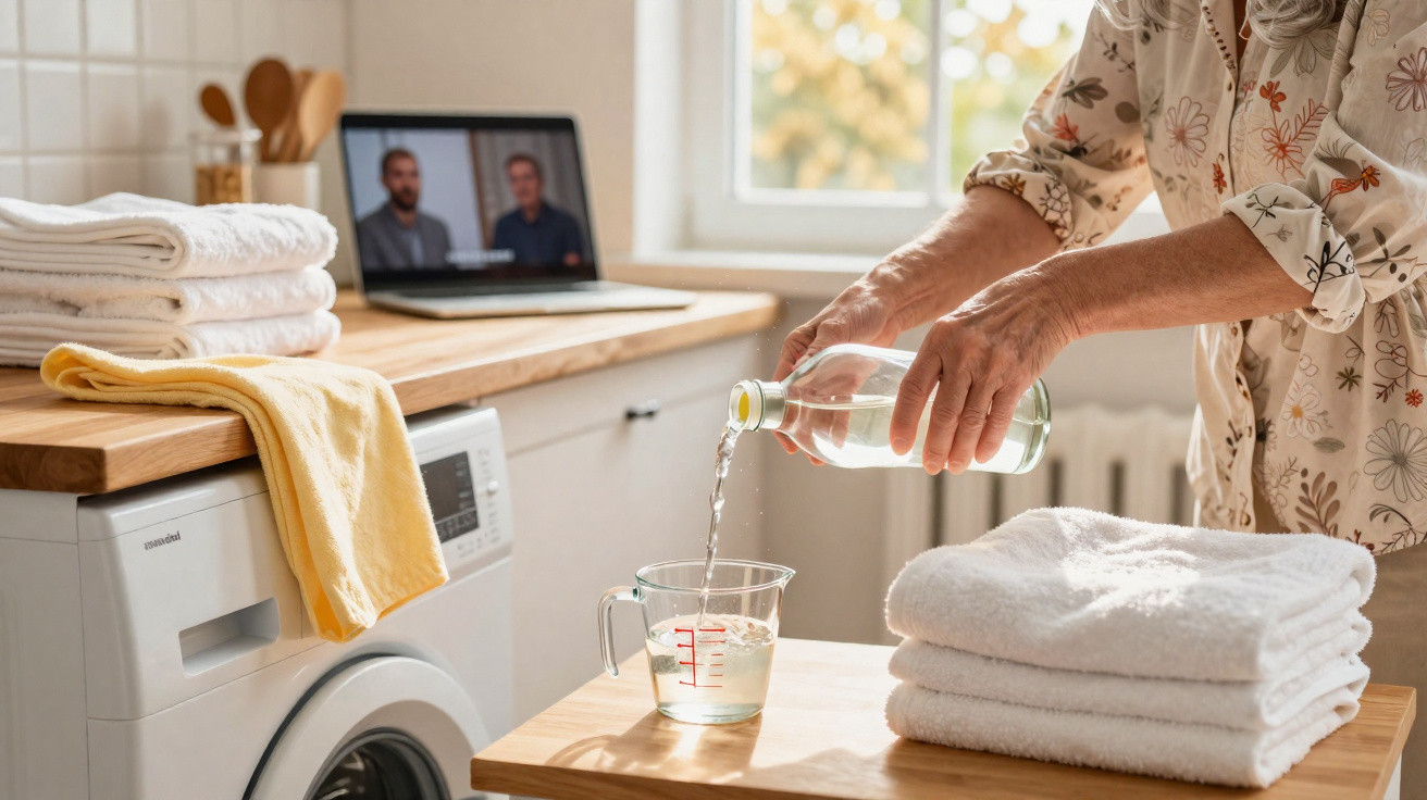 Frau gießt Wasser in Messbecher, neben Wäsche und Laptop auf Holzarbeitsfläche in hellem Waschraum.