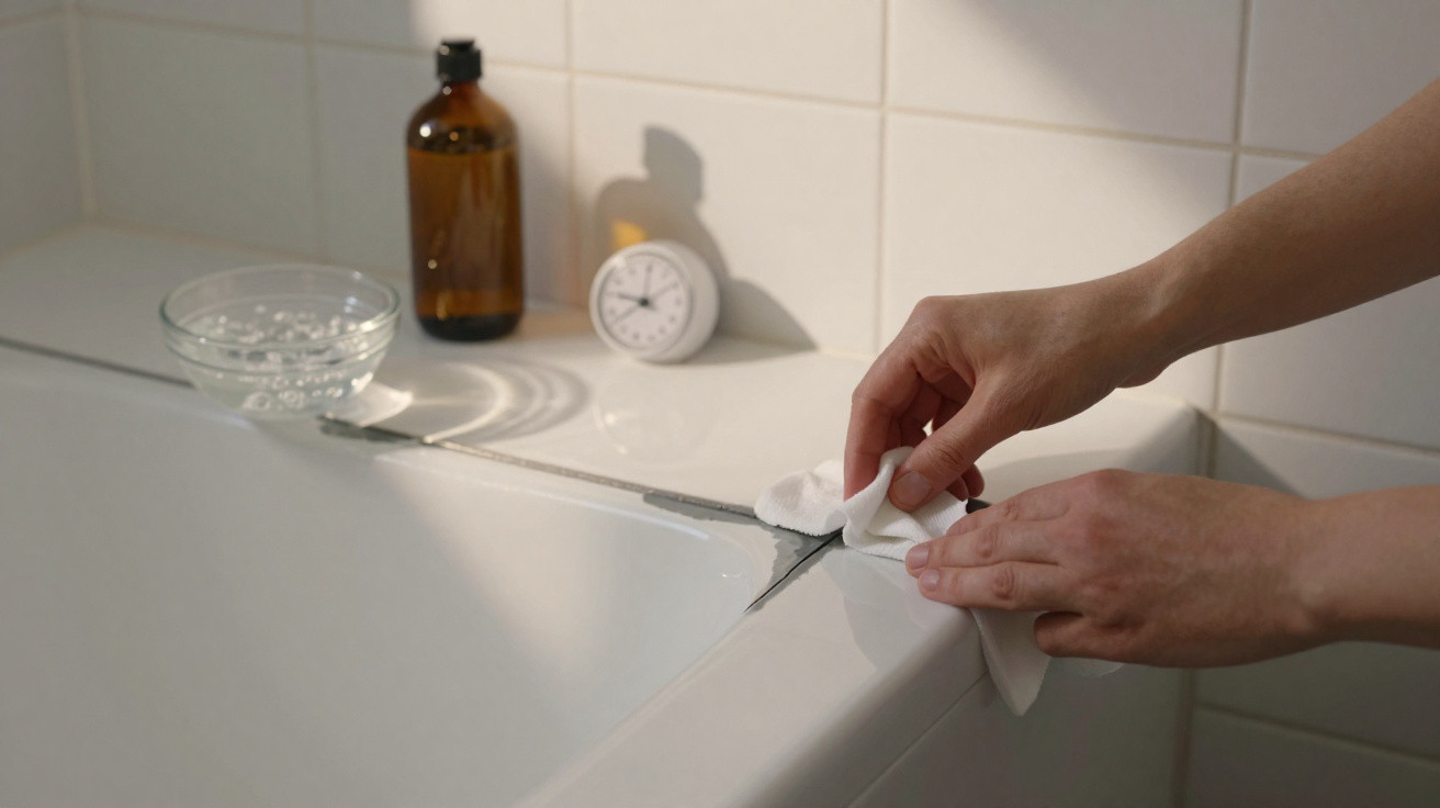 Person reinigt Fugen an der Badewanne mit Tuch, im Hintergrund braune Flasche, Wecker und Glasschale.