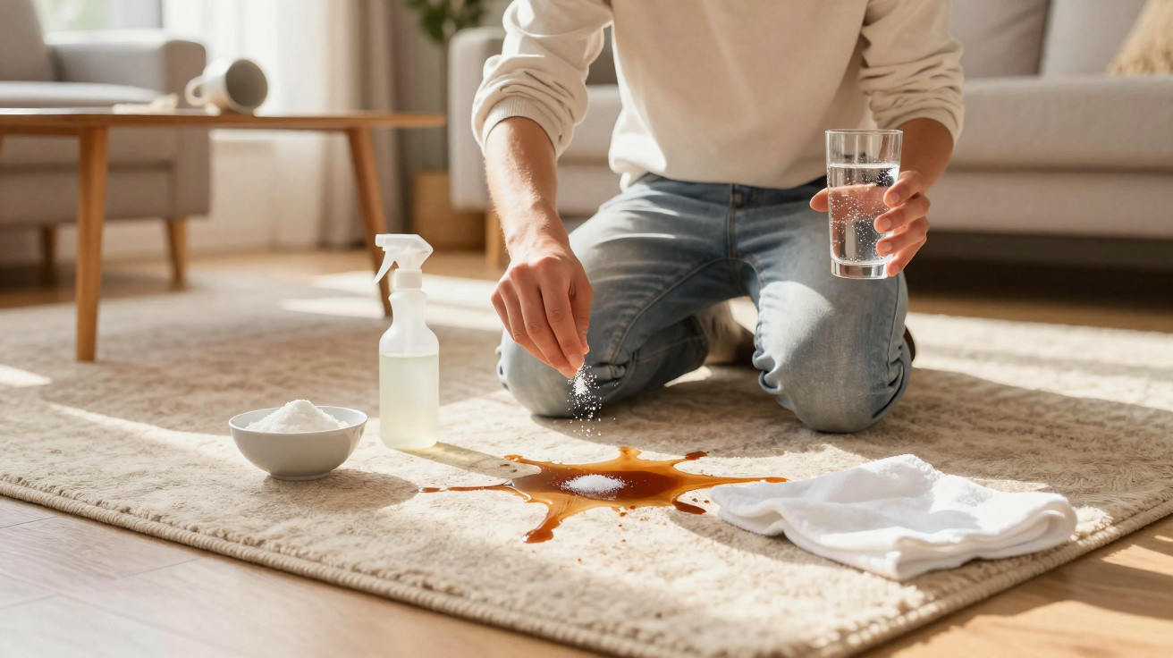 Person streut Salz auf einen braunen Fleck auf einem Teppich, neben Sprayflasche und Glas Wasser.