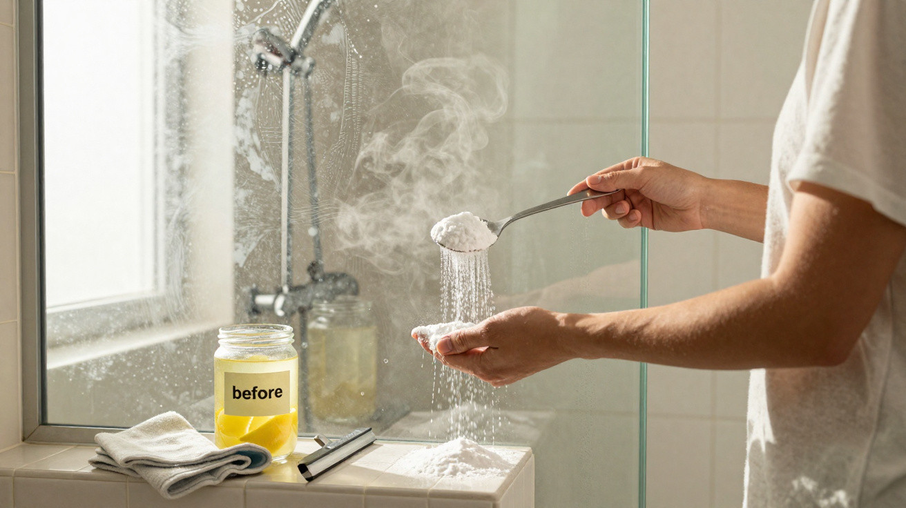 Person streut Backpulver aus einem Löffel auf die Hand neben Glas mit Zitronenwasser im Badezimmer.