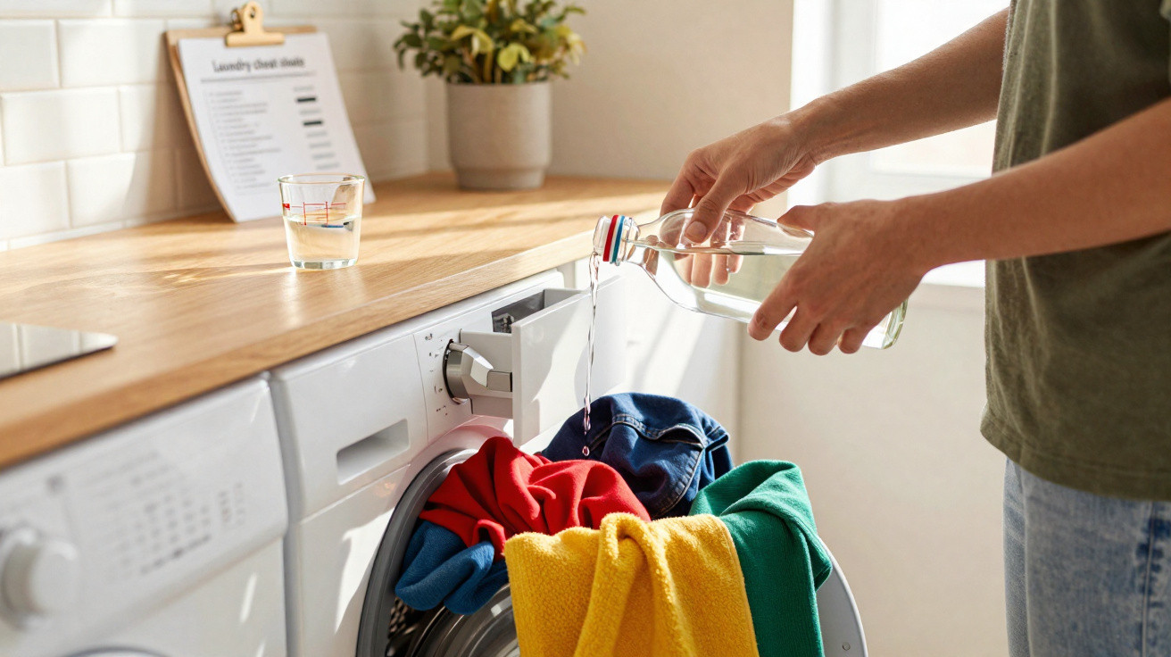 Person gießt Wasser aus einer Flasche in eine Waschmaschine voller bunter Kleidung in heller Waschküche.