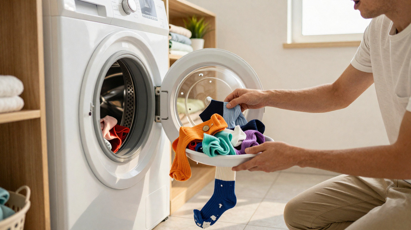 Person lädt bunte Socken in eine weiße Waschmaschine in einem hellen, aufgeräumten Raum.