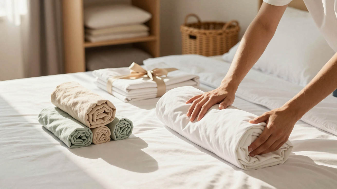 Person rollt ein weißes Bettlaken auf einem ordentlich gemachten Bett zusammen, daneben liegen gefaltete Handtücher.