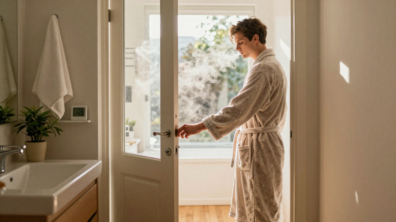 Mann in Bademantel öffnet Tür zu dampfigem Raum, Tageslicht fällt durch Fenster ins Bad.