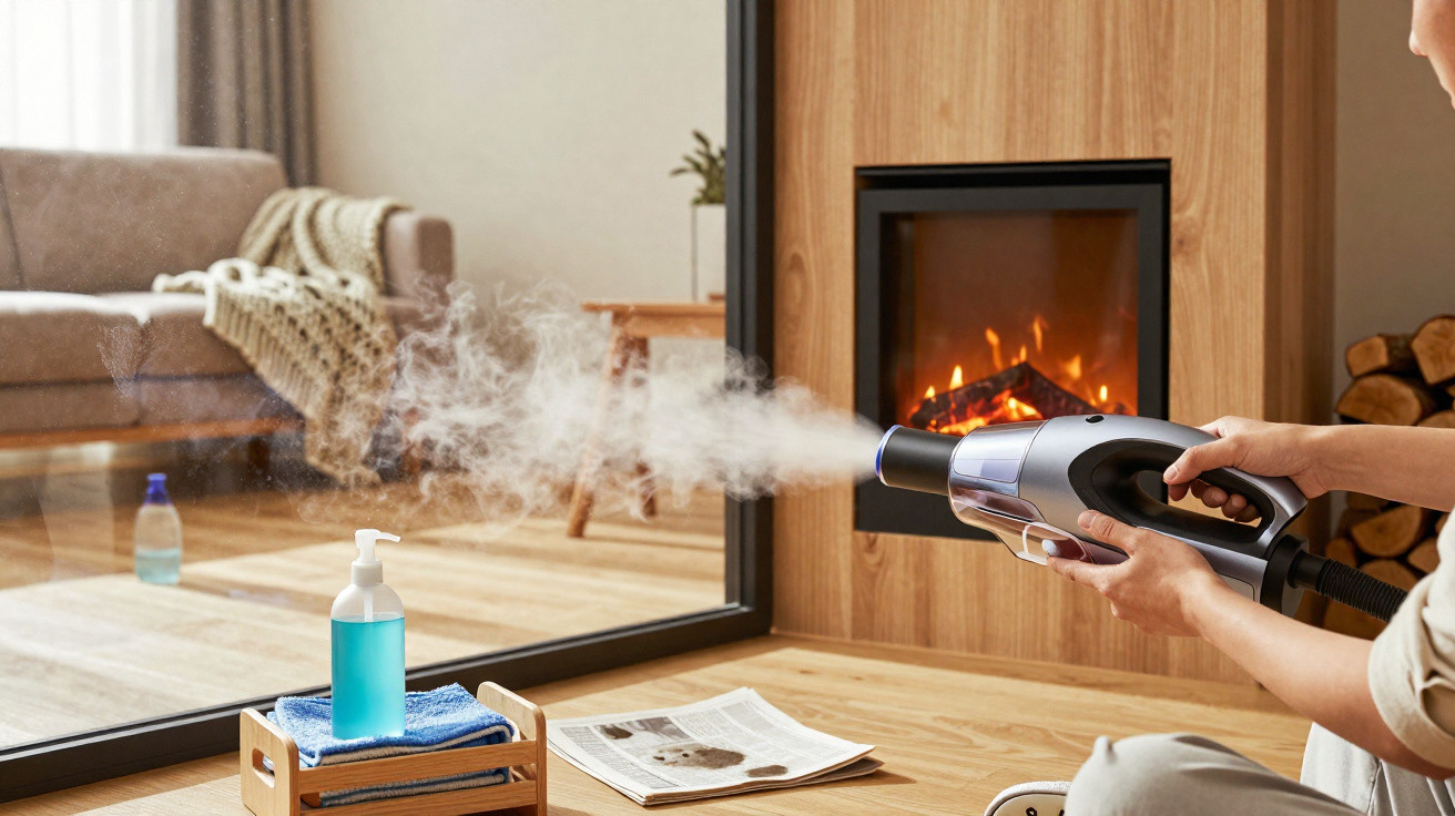 Person reinigt mit Dampfreiniger einen Holztisch mit Sprühflasche und Zeitung vor Kaminfeuer im Wohnzimmer.