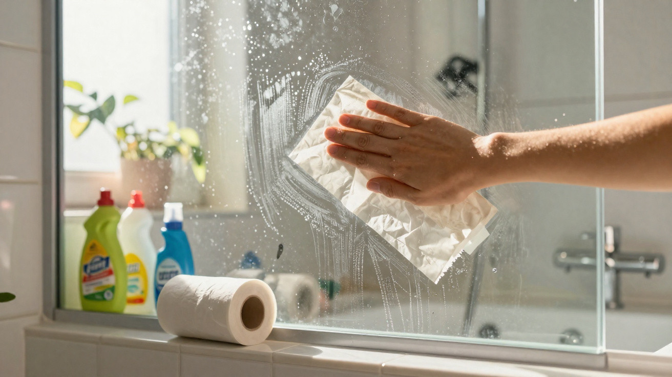 Hand wischt mit Papiertuch Seifenlauge von beschlagener Badezimmerspiegelwand.