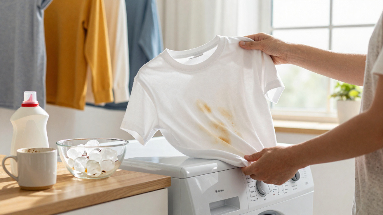 Person hält ein weißes T-Shirt mit braunen Flecken über eine Waschmaschine in hellem Waschraum.