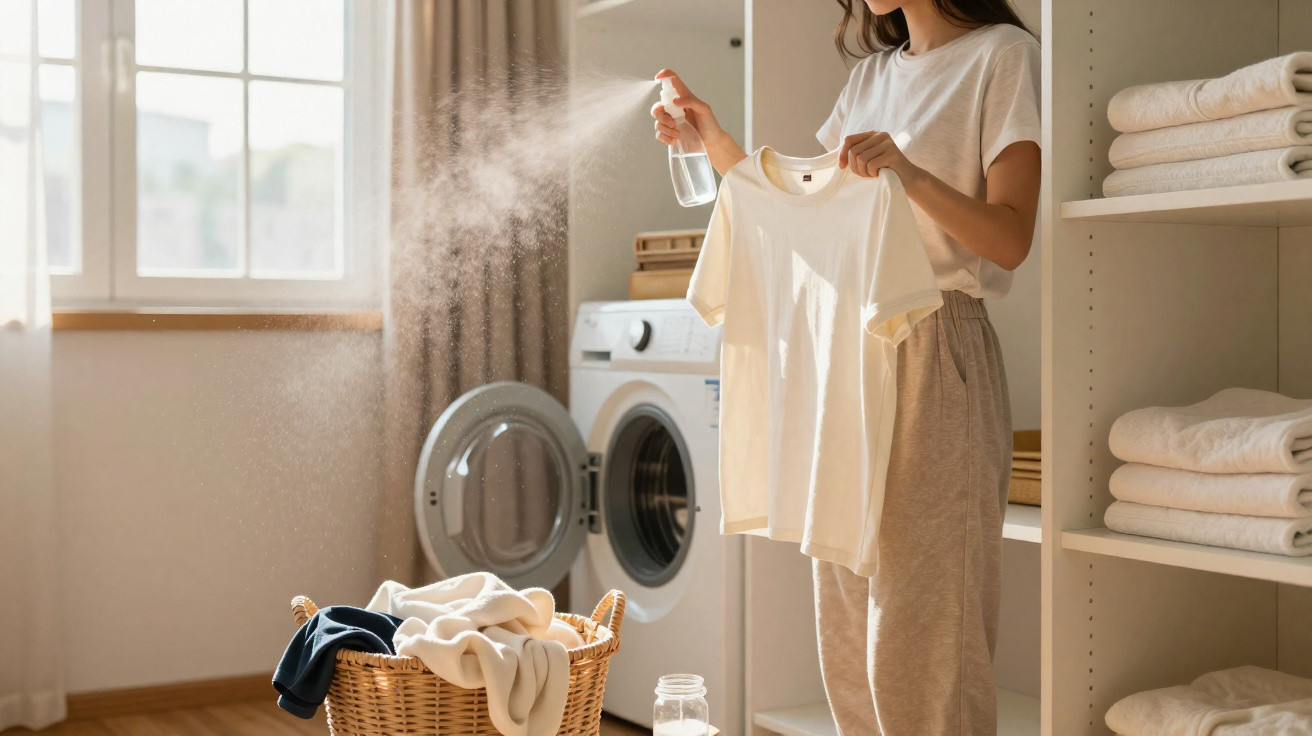 Frau sprüht Duftspray auf ein weißes T-Shirt in hellem, ordentlichem Waschraum mit Wäschekorb und Waschmaschine.
