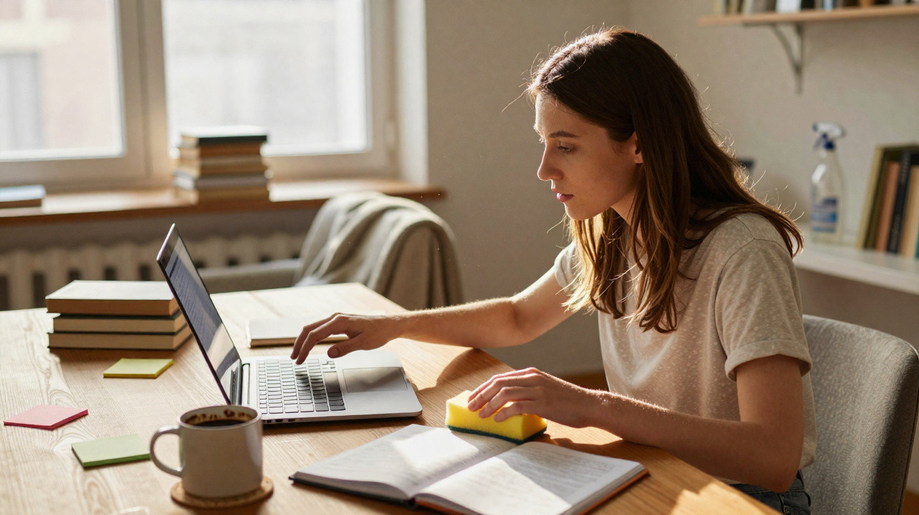 Frau sitzt am Tisch und arbeitet am Laptop, neben ihr liegt ein offenes Buch und eine Schreibunterlage.