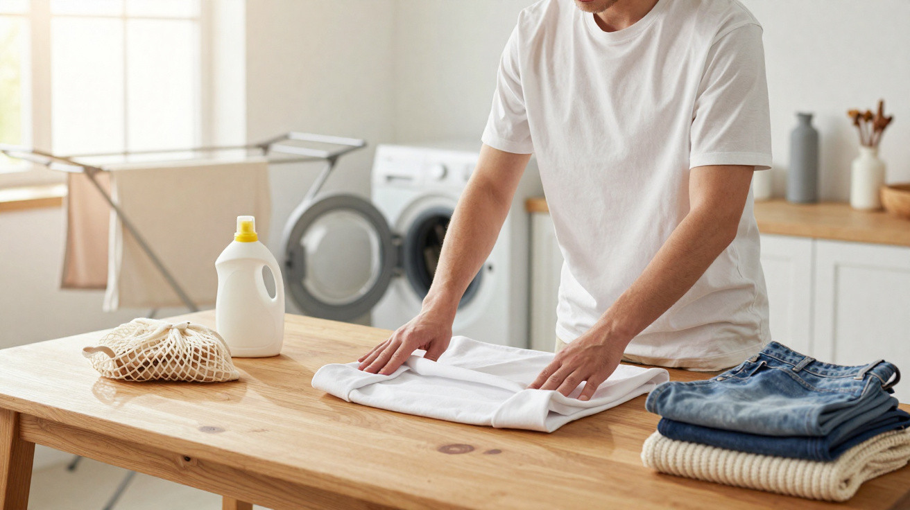 Person faltet weißes T-Shirt auf einem Holztisch, neben Wäsche und Waschmittel in heller Wohnung.