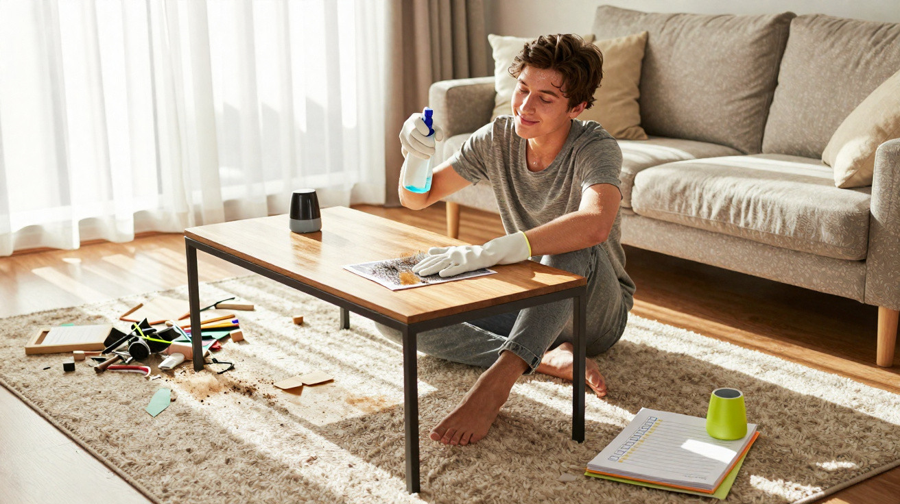 Junger Mann säubert mit Handschuhen und Spray einen Holztisch im Wohnzimmer mit Teppich und Sofa.