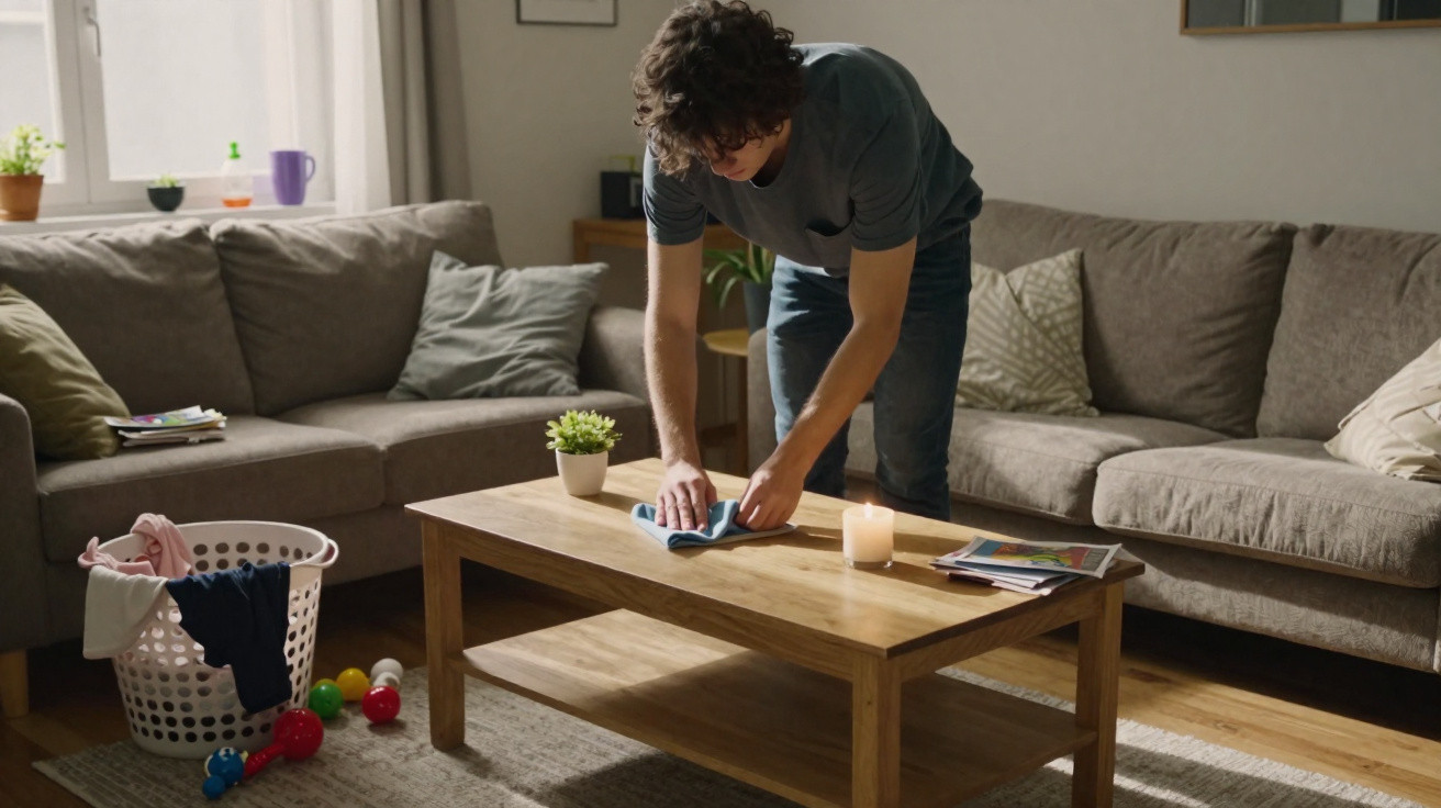 Mann reinigt Holztisch im Wohnzimmer mit Sofa, Wäschekorb und Spielzeug auf dem Boden.