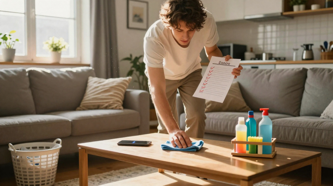 Junger Mann im Wohnzimmer wischt Tisch ab und hält Putzcheckliste in der Hand.