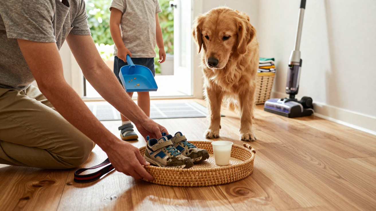 Mann und Kind bereiten schmutzige Schuhe auf einem Tablett vor, während ein Golden Retriever zuschaut.