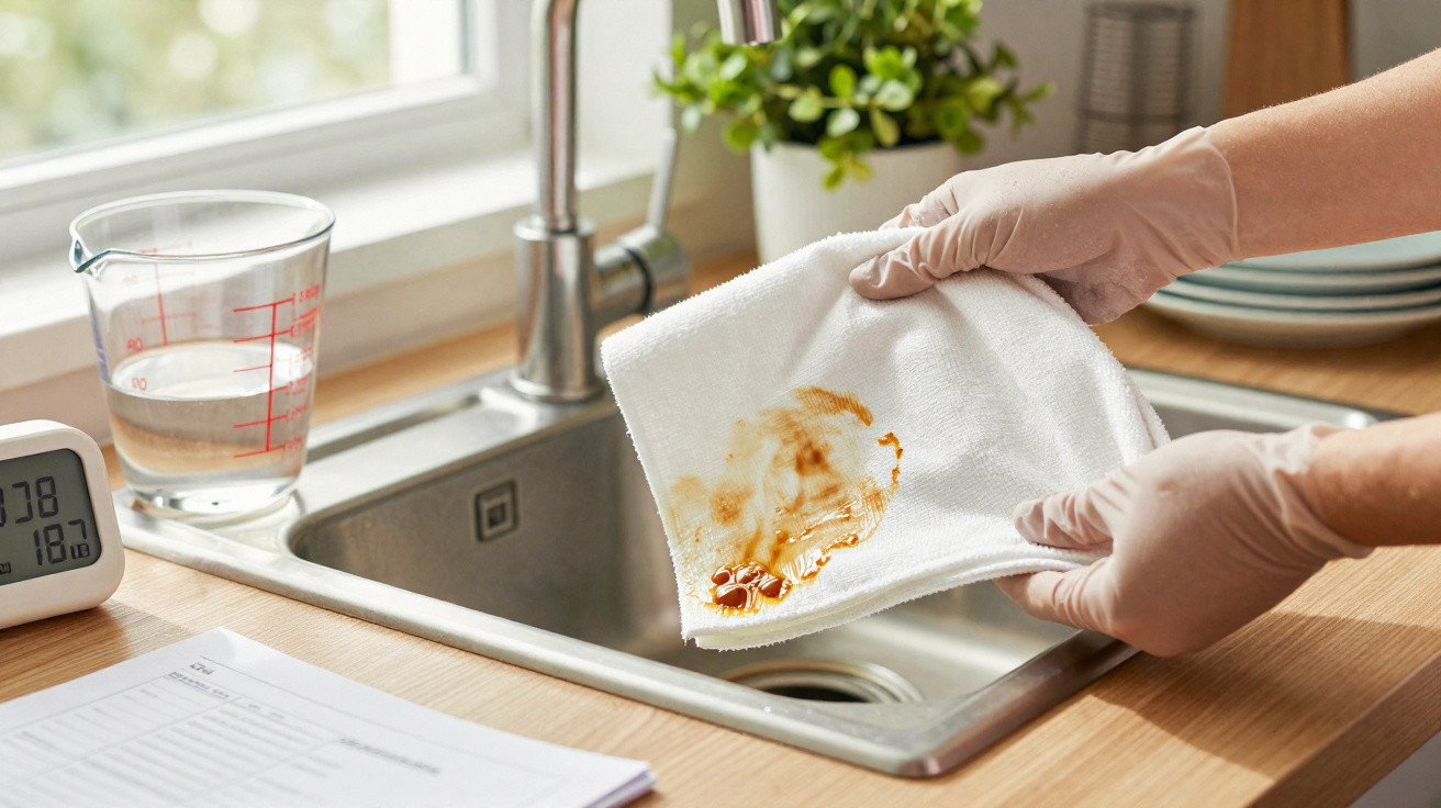 Person mit Handschuhen hält ein schmutziges weißes Tuch über einer Küchenspüle.