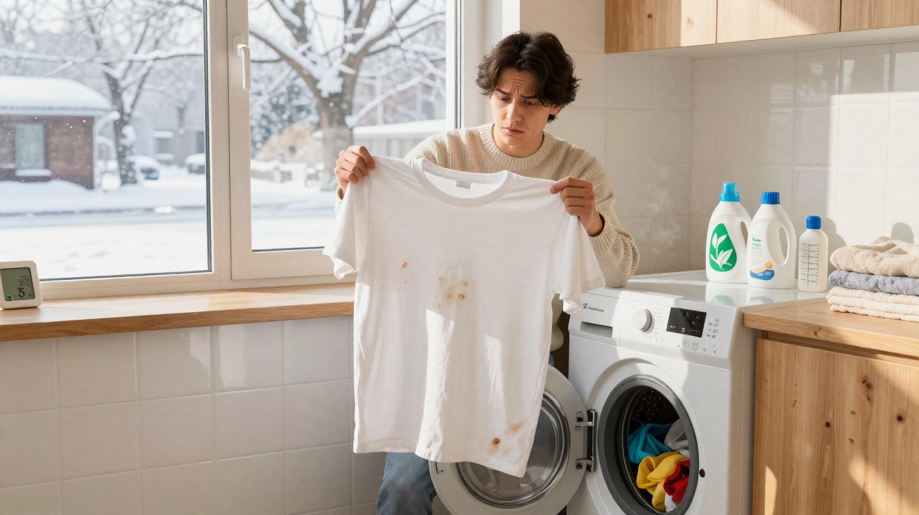 Junger Mann hält ein weißes T-Shirt mit Flecken vor Waschmaschine in heller, moderner Waschküche.
