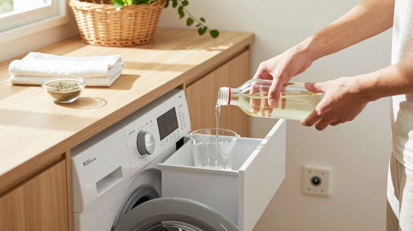 Person gießt Flüssigkeit in das Waschmittelfach einer Waschmaschine in heller Holzküche.