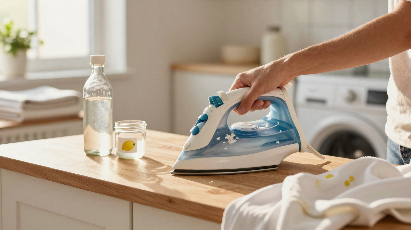 Hand bügeltes blau-weißes Bügeleisen auf Holztisch mit Wäsche und Wasserflasche im hellen Raum