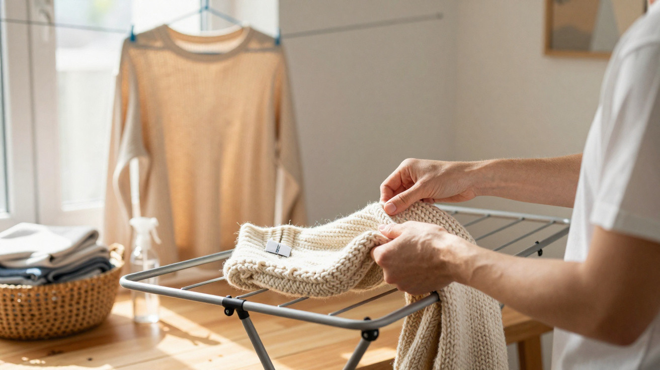 Person faltet eine beige Strickjacke auf einem Wäscheständer in hellem Raum mit getrockneter Kleidung im Hintergrund.