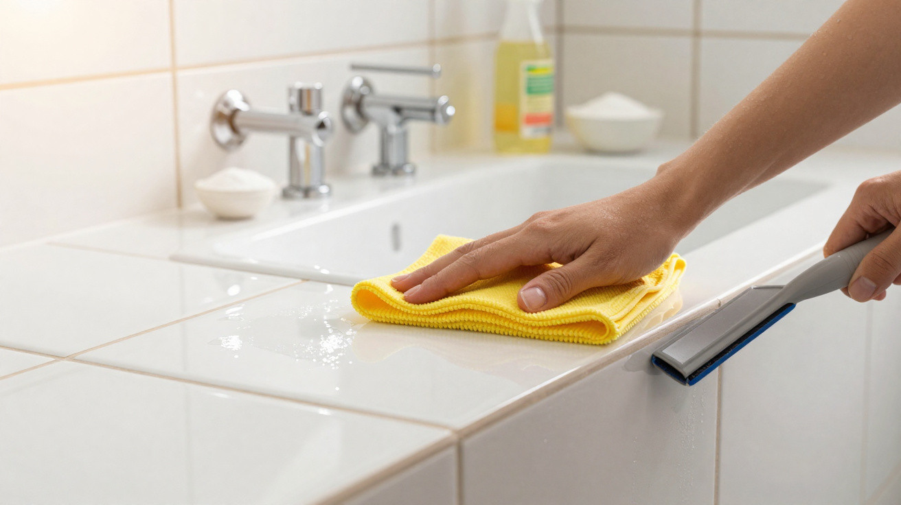 Hand wischt mit gelbem Tuch Fliesen neben Waschbecken, andere Hand hält Abzieher zur Reinigung.