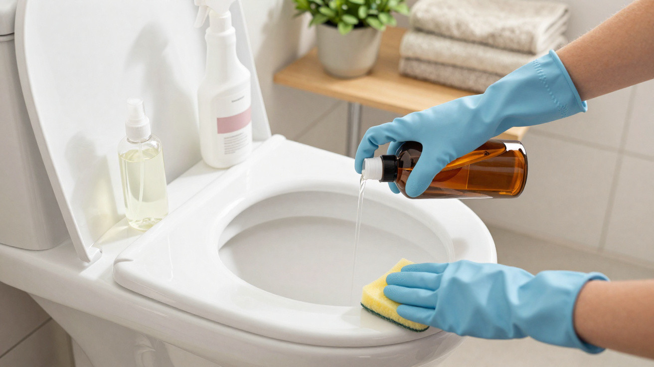 Person mit blauen Handschuhen gißt Reinigungsmittel auf Schwamm zur Toilettenreinigung im Badezimmer.
