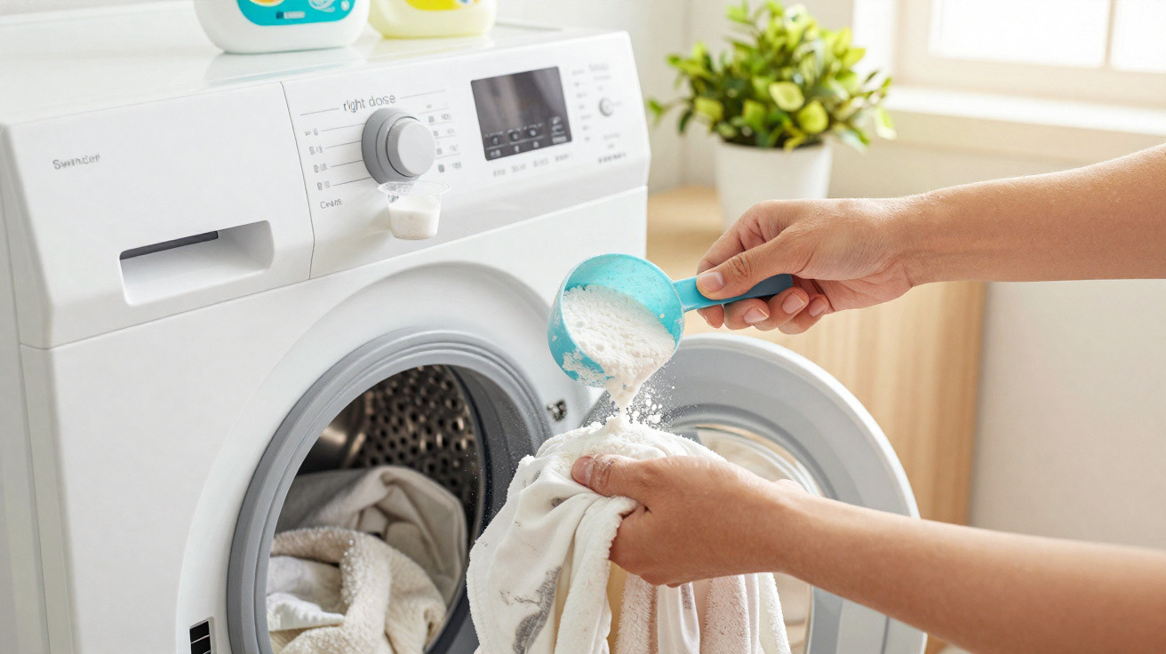 Hände geben Waschpulver in eine vordere Waschmaschine mit Wäsche, helle Wohnung im Hintergrund.