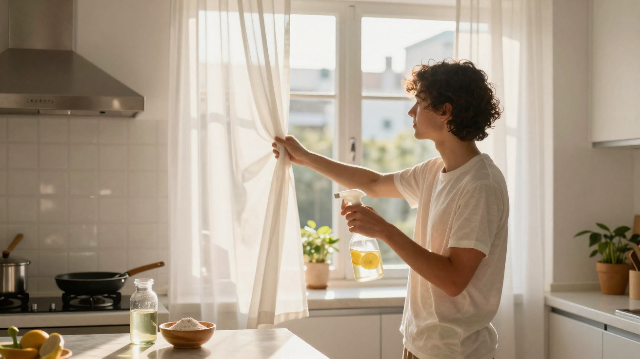 Junge öffnet Vorhang in heller Küche und sprüht Fenster mit Reinigungsmittel ein.
