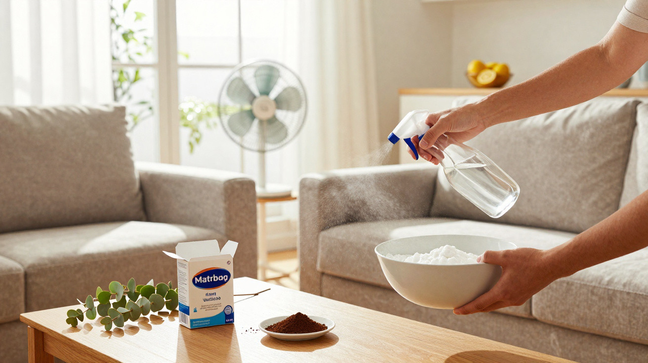 Person sprüht Wasser auf eine Schüssel mit Backpulver in einem Wohnzimmer mit Sofa und Ventilator im Hintergrund.