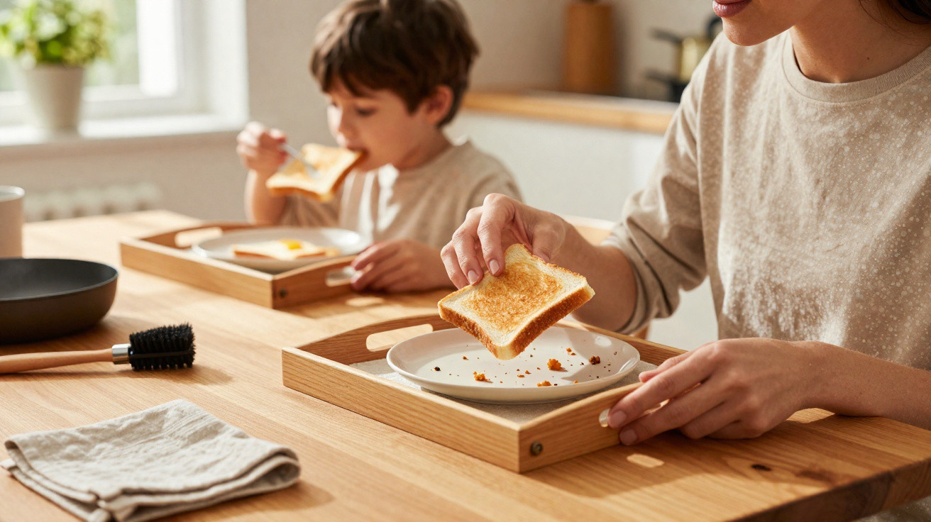 Kind und Frau essen zusammen Toast an einem Holztisch in heller Küche.