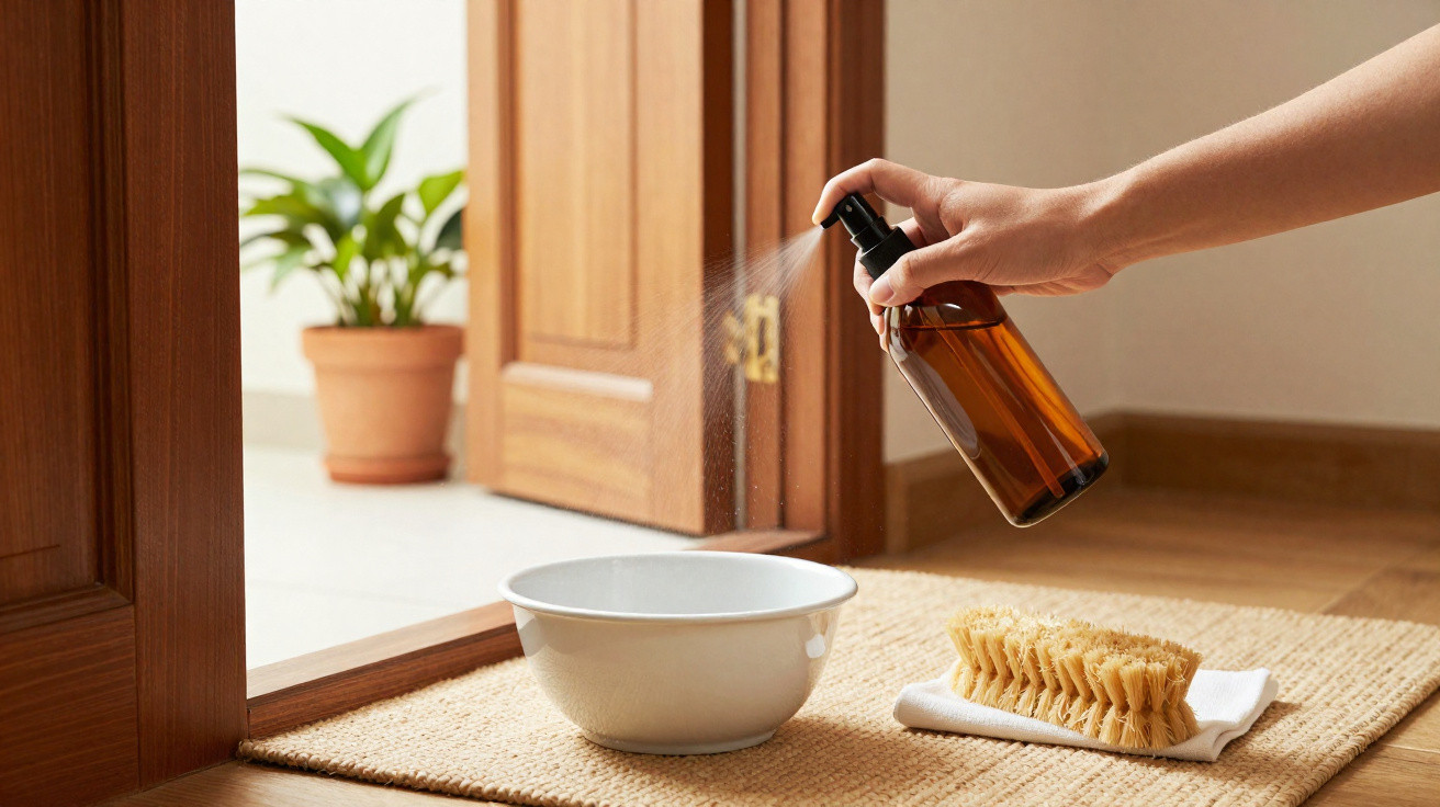 Hand sprüht Flüssigkeit aus brauner Flasche neben weiße Schüssel und Bürste auf Matte vor Tür.