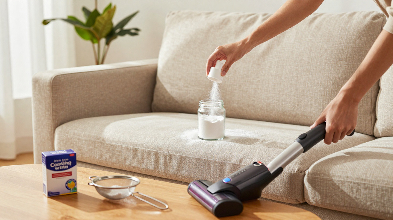 Person streut Backpulver auf Sofa, um es mit Akku-Staubsauger zu reinigen.