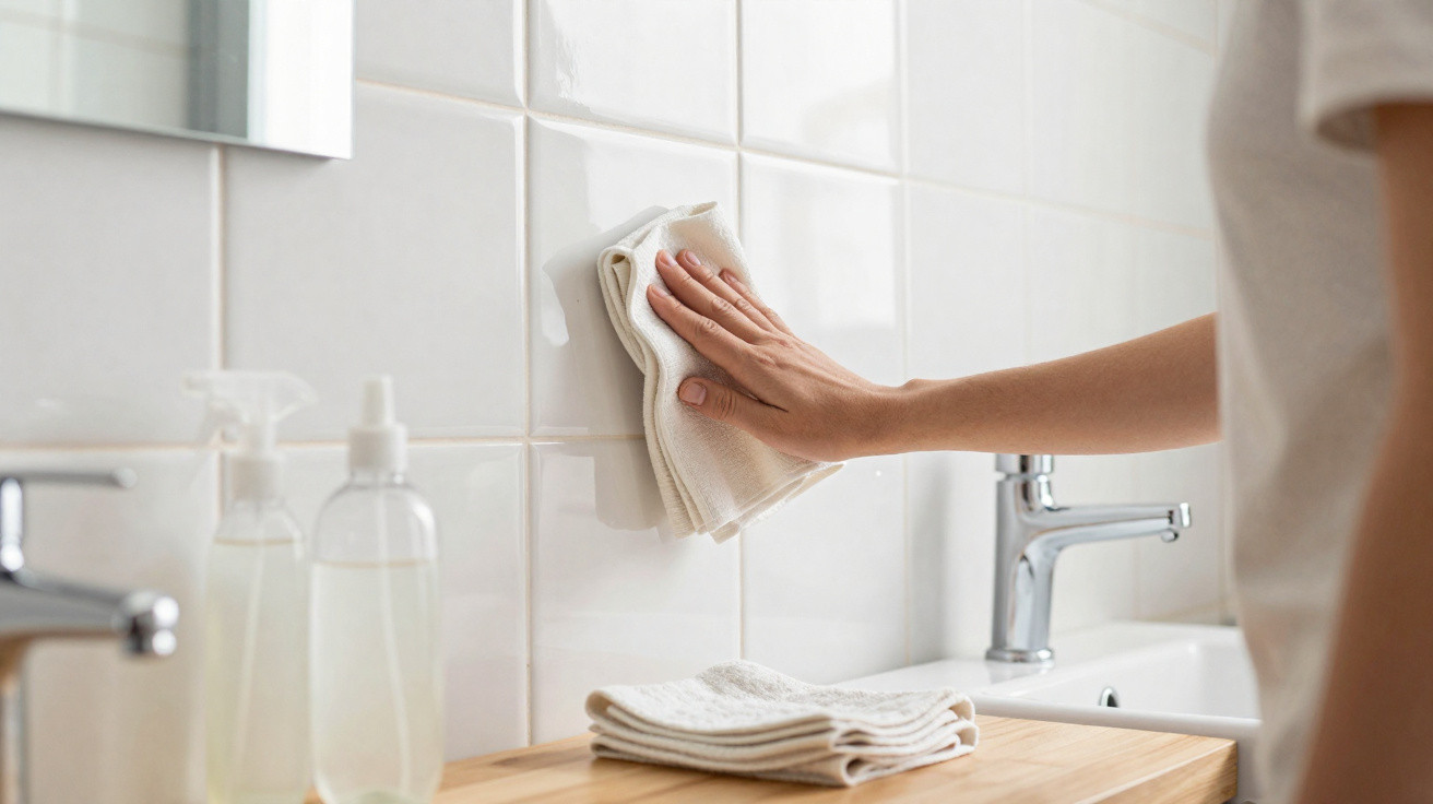Hand wischt mit Tuch eine weiße Fliesenwand in einem Badezimmer über dem Waschbecken sauber.