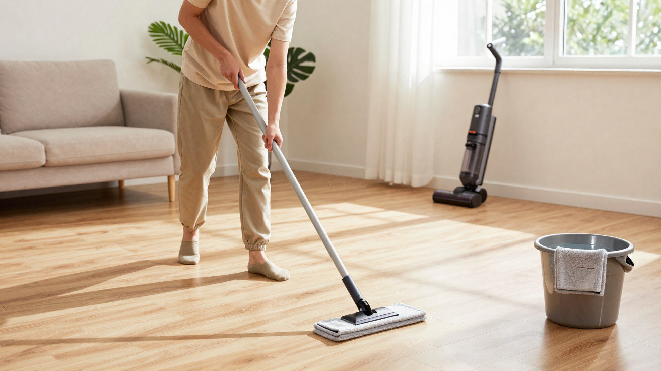 Person wischt hellen Holzboden in hellem, minimalistisch eingerichtetem Wohnzimmer mit Eimer und Staubsauger im Hintergrund.