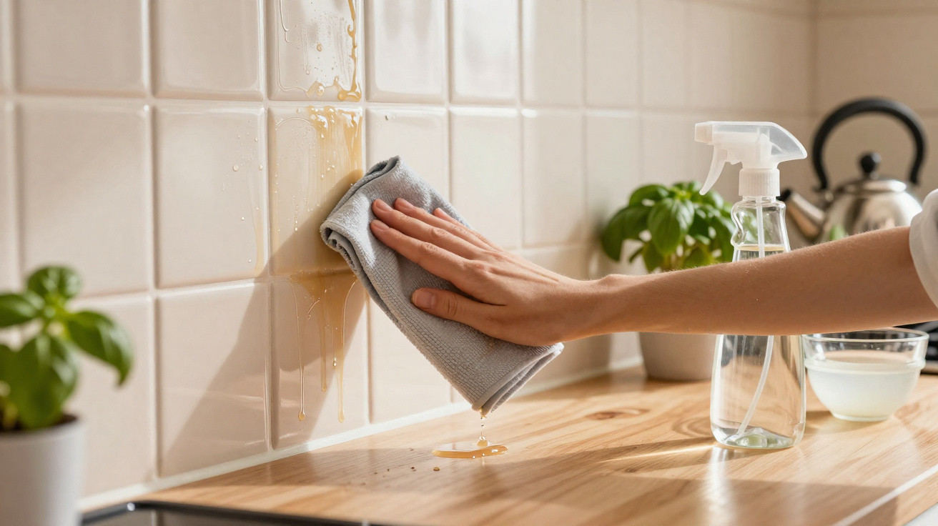 Hand wischt mit grauem Tuch Flüssigkeit von Küchenfliesen, Sprayflasche und Pflanzen auf Arbeitsplatte sichtbar.