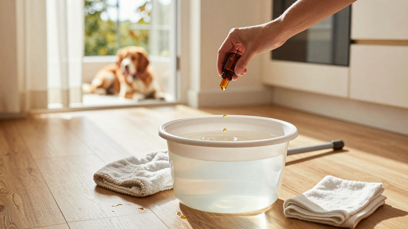 Hand tropft ätherisches Öl in Eimer mit Wasser zum Bodenwischen, Hund liegt im Hintergrund an offenem Fenster.